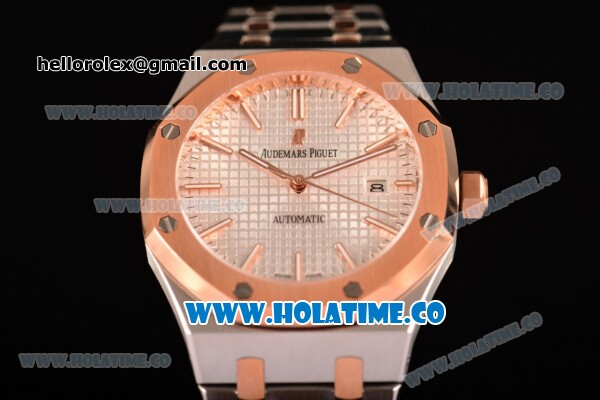Audemars Piguet Royal Oak 41MM Clone AP Calibre 3120 Automatic Rose Gold/Steel Case with White Dial and Stick Markers - Rose Gold Bezel (EF) - Click Image to Close